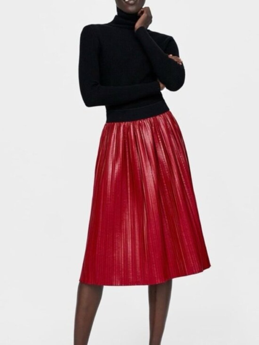 Zara Patent Faux Leather Pleated Midi Skirt